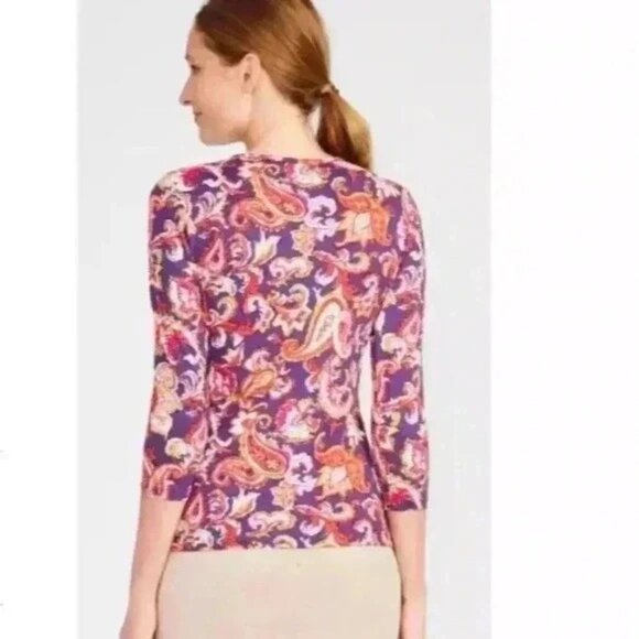 J. McLaughlin Paisley Bloom Purple Catalina Cloth Signature Tee 3/4 Slv Top XL - Picture 2 of 5
